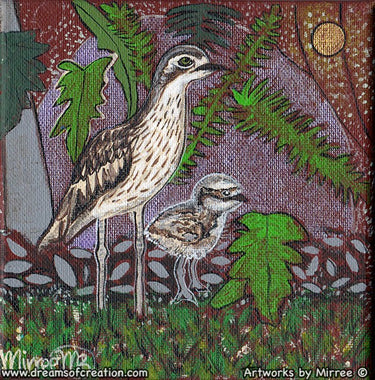 Bush Stone Curlew with Baby Framed Canvas Print by Mirree Contemporary Aboriginal Art